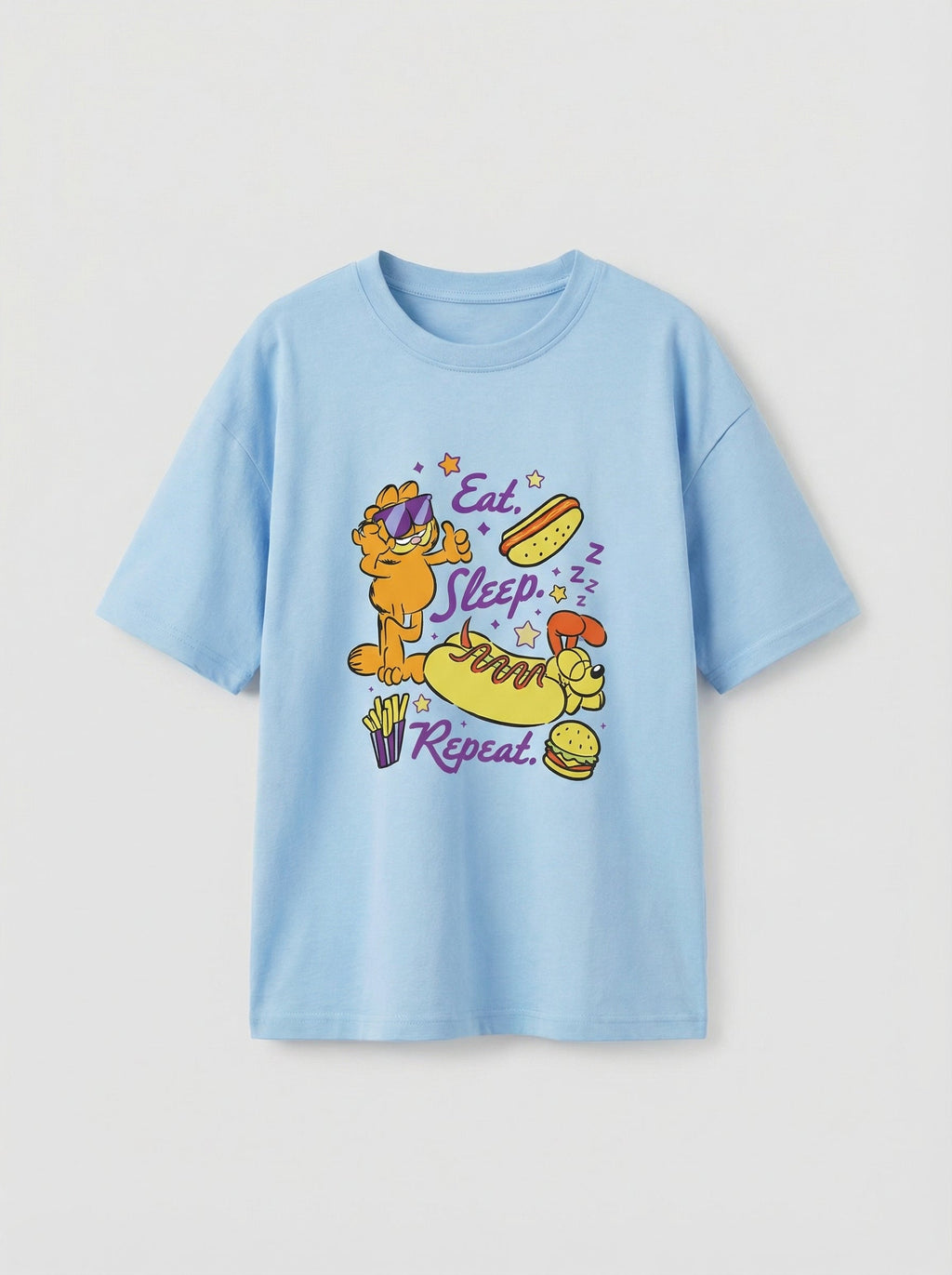 Garfield Eat Sleep Repeat Print Sky Blue Kids  T-Shirt