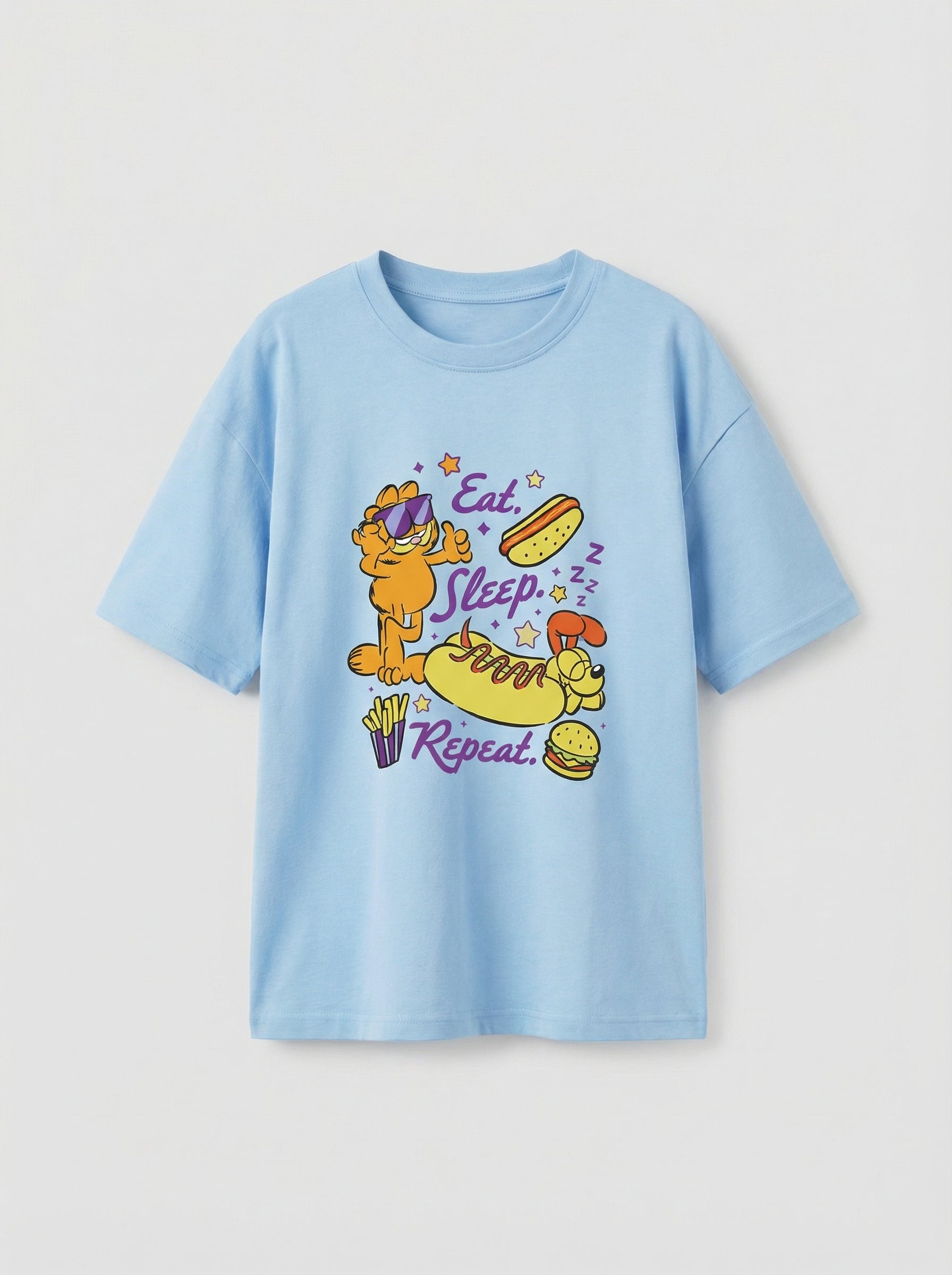 Garfield Eat Sleep Repeat Print Sky Blue Kids  T-Shirt