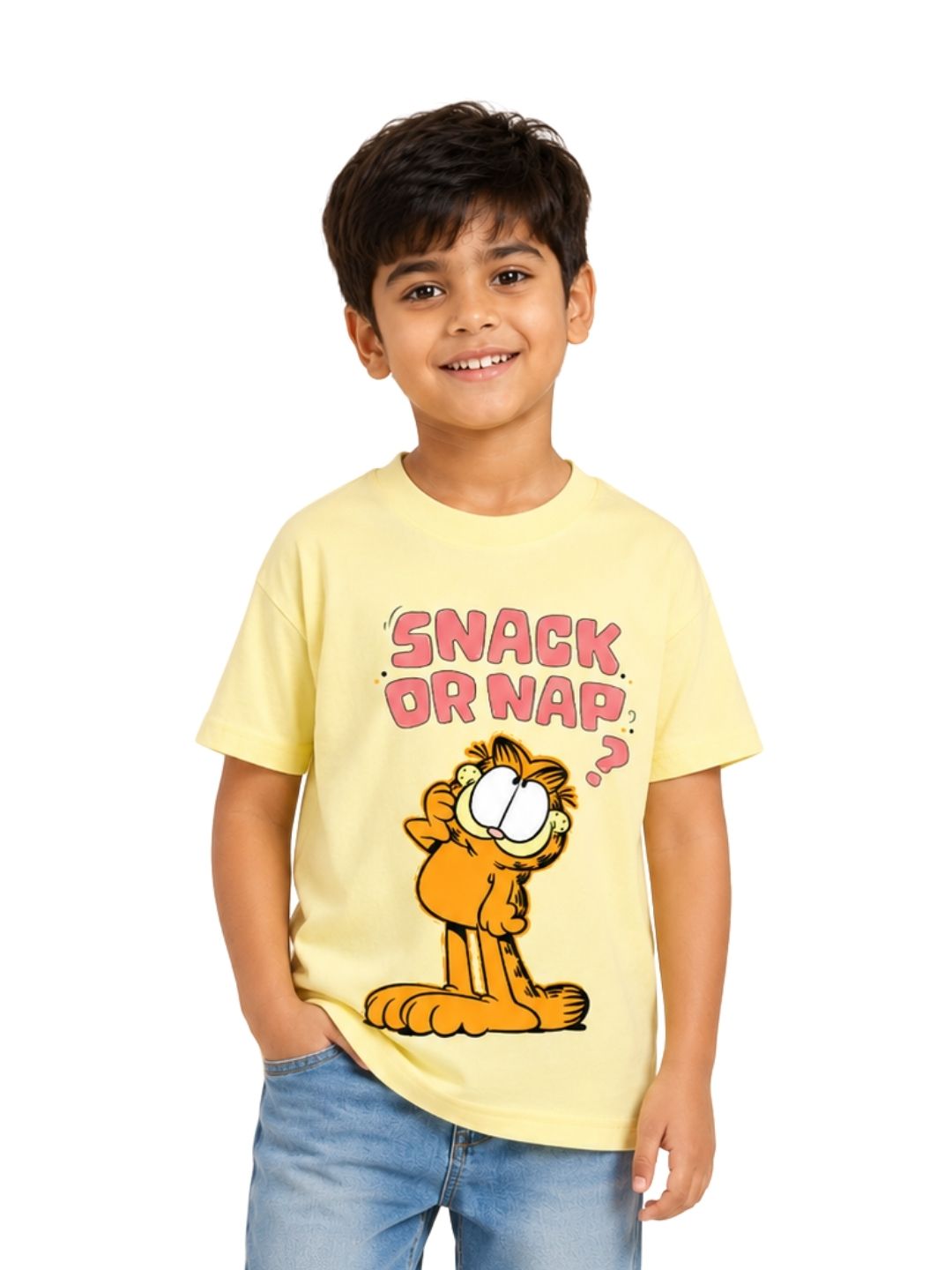 Pastel Yellow Garfield Snack or Nap Graphic T-Shirt for Boys