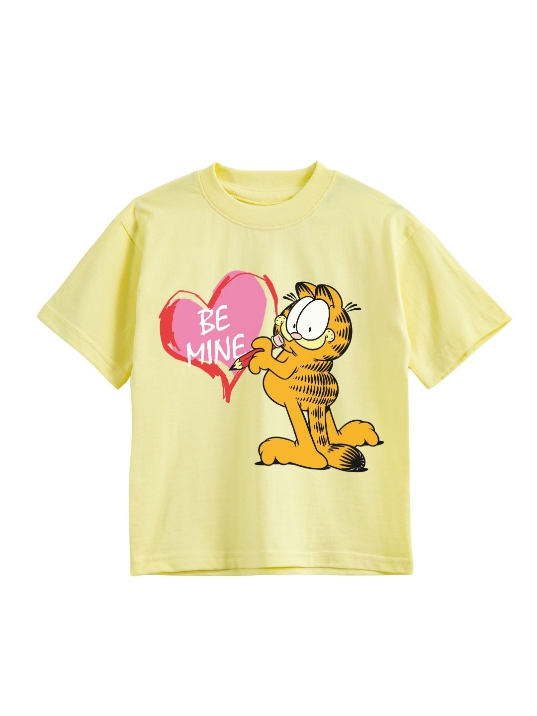 Pastel Yellow Garfield Be Mine Heart Graphic T-Shirt for Girls