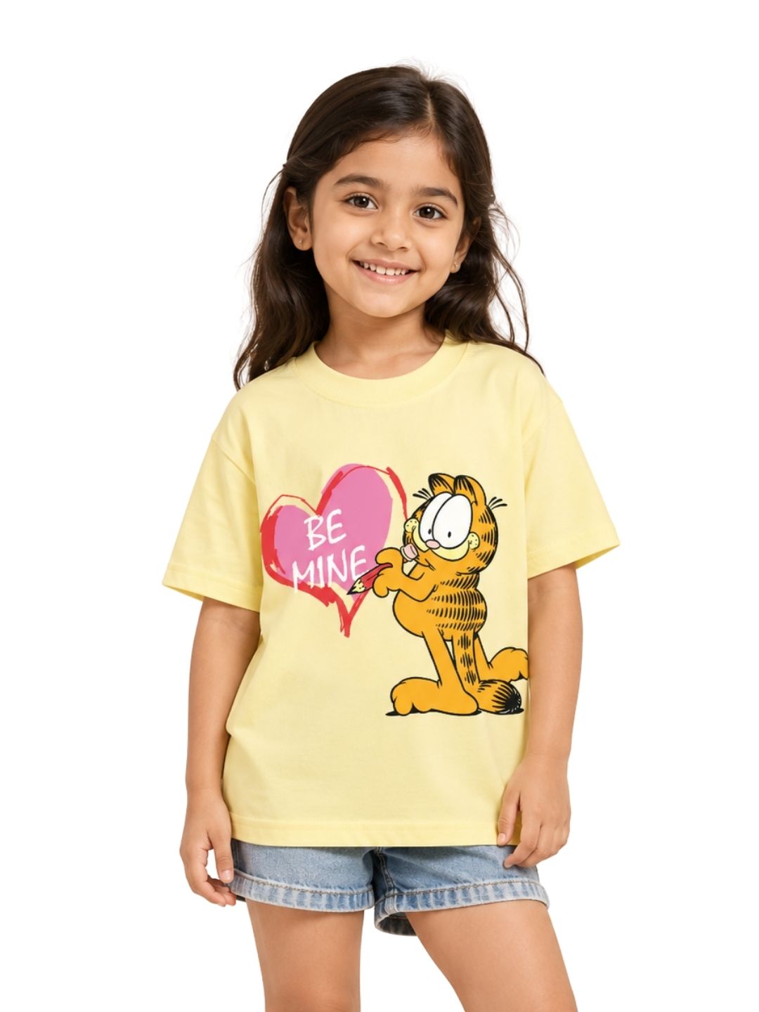 Pastel Yellow Garfield Be Mine Heart Graphic T-Shirt for Girls