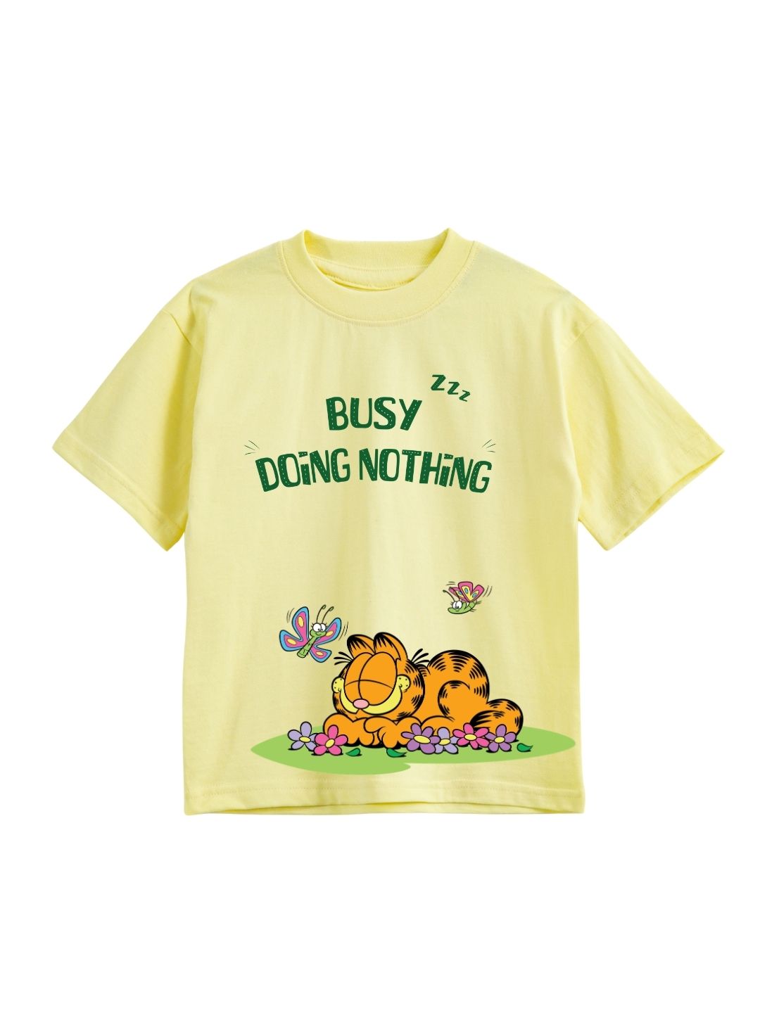 Pastel Yellow Garfield Busy Doing Nothing Graphic T-Shirt for Girls