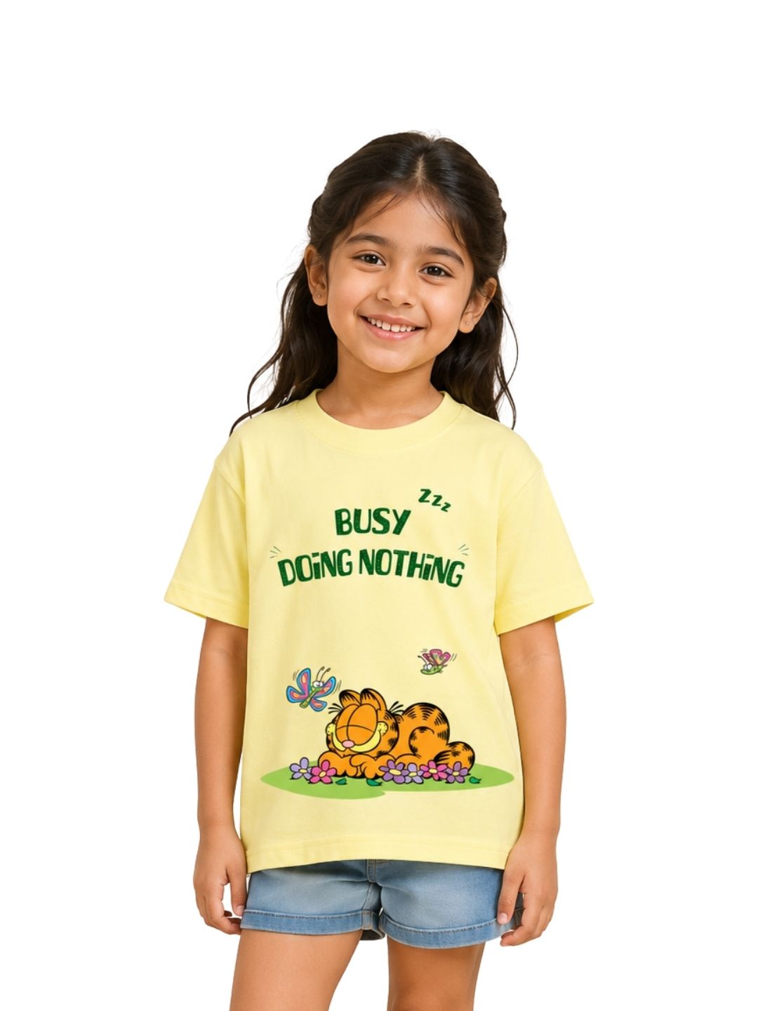 Pastel Yellow Garfield Busy Doing Nothing Graphic T-Shirt for Girls