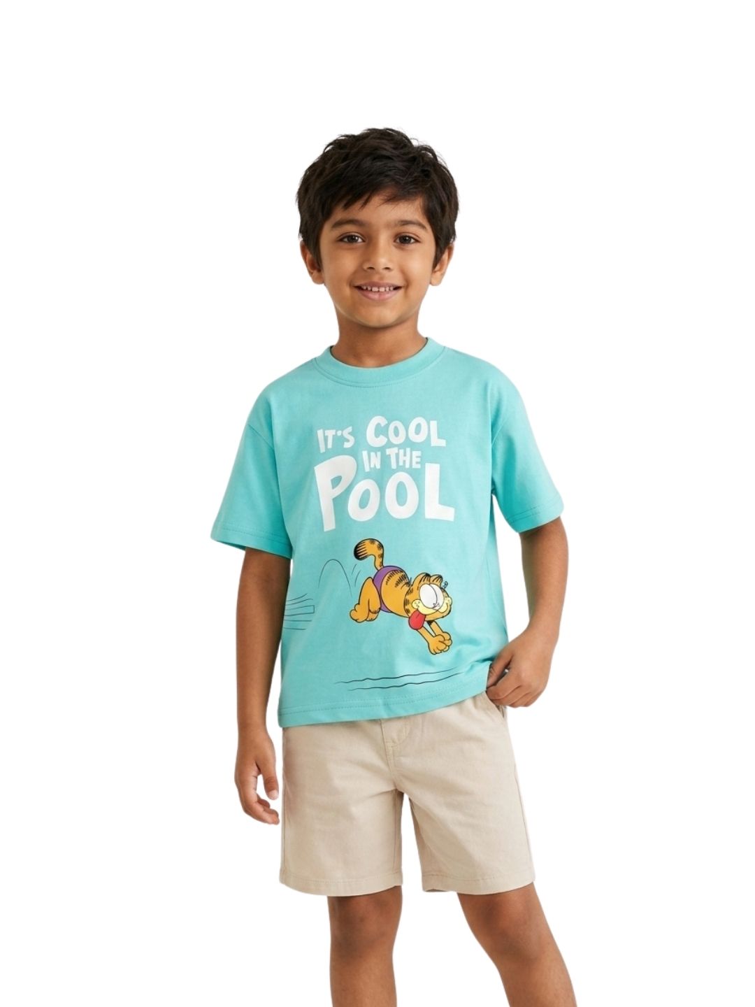 Aqua Blue Garfield Pool Fun Graphic T-Shirt for Boys