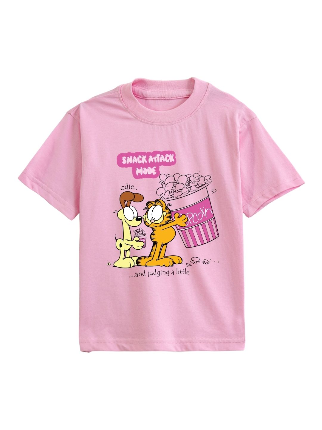 Pink Garfield & Odie Snack Attack Popcorn Graphic Kids T-Shirt