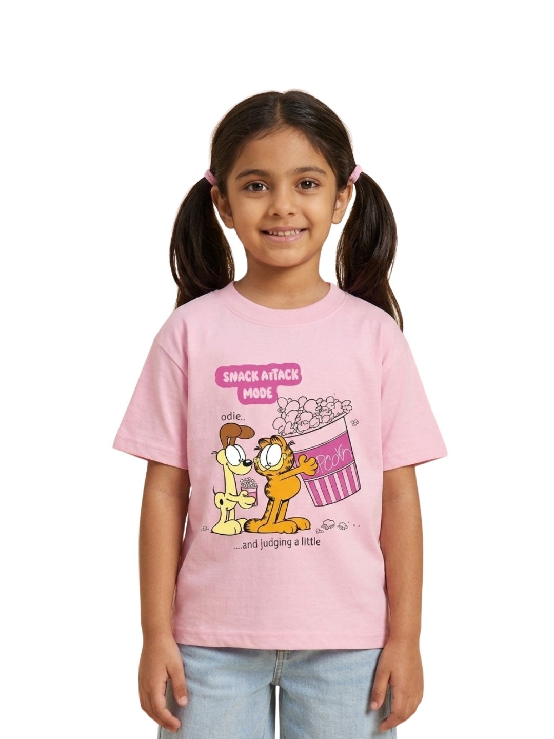 Pink Garfield & Odie Snack Attack Popcorn Graphic Kids T-Shirt