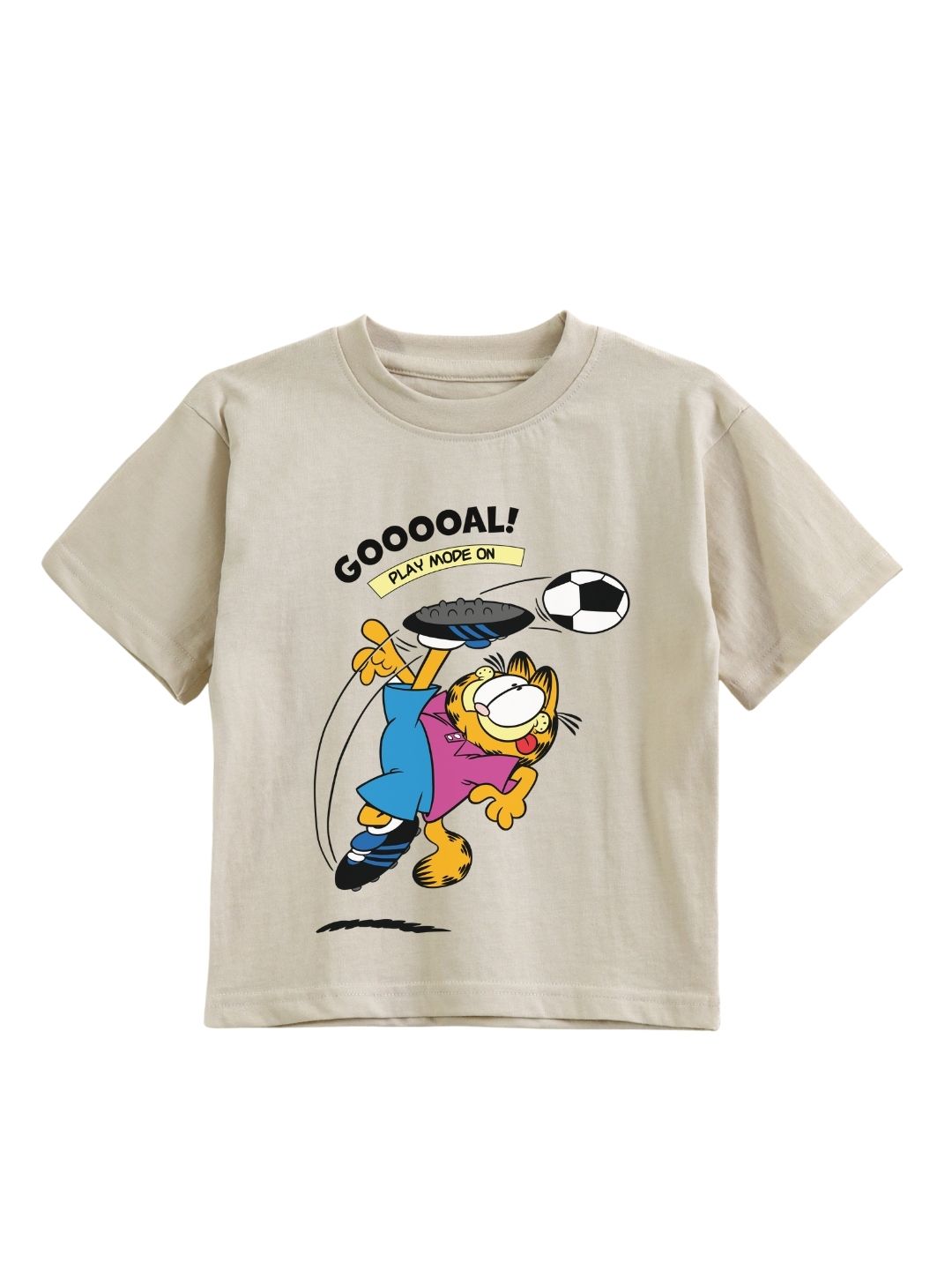 Beige Garfield Football Goal Play Mode Graphic Kids T-Shirt
