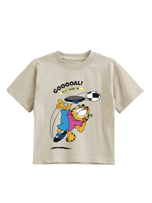 Beige Garfield Football Goal Play Mode Graphic Kids T-Shirt