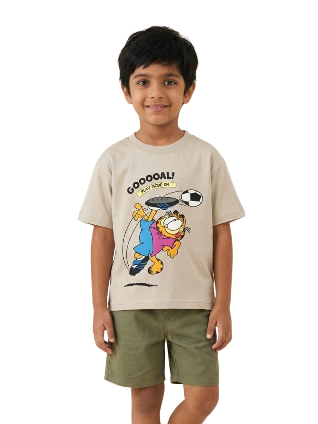 Beige Garfield Football Goal Play Mode Graphic Kids T-Shirt