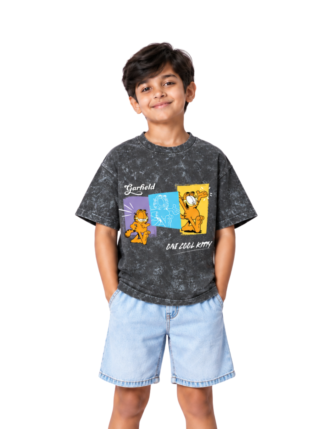 One Cool Kitty Graphic Kids Boys Acid Wash T-Shirt – Garfield©