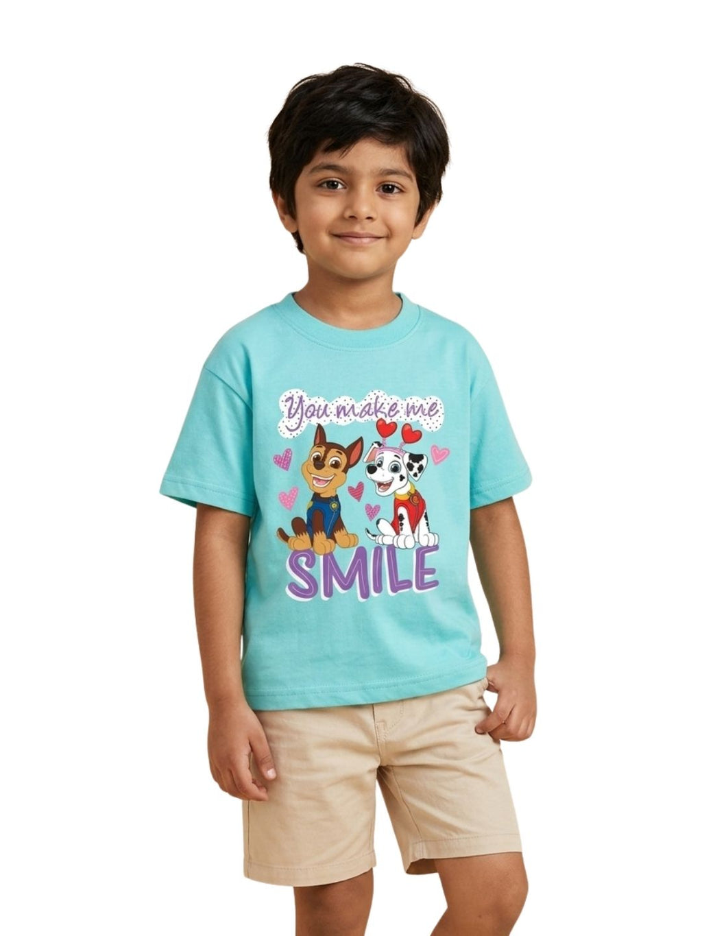 Aqua Blue Paw Patrol Chase & Marshall Smile Graphic Kids T-Shirt