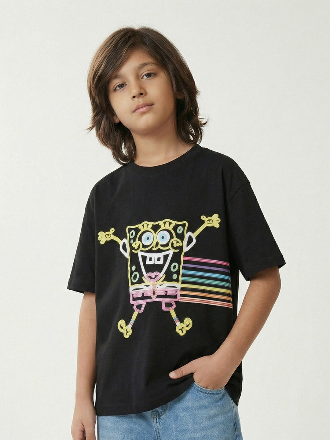 SpongeBob Neon Print Black Kids  T-Shirt