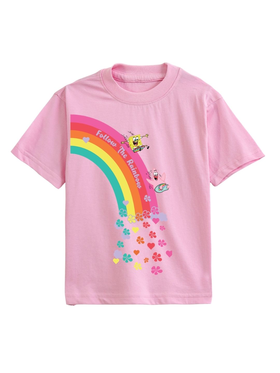 Pink SpongeBob Follow The Rainbow Fun Graphic Kids T-Shirt