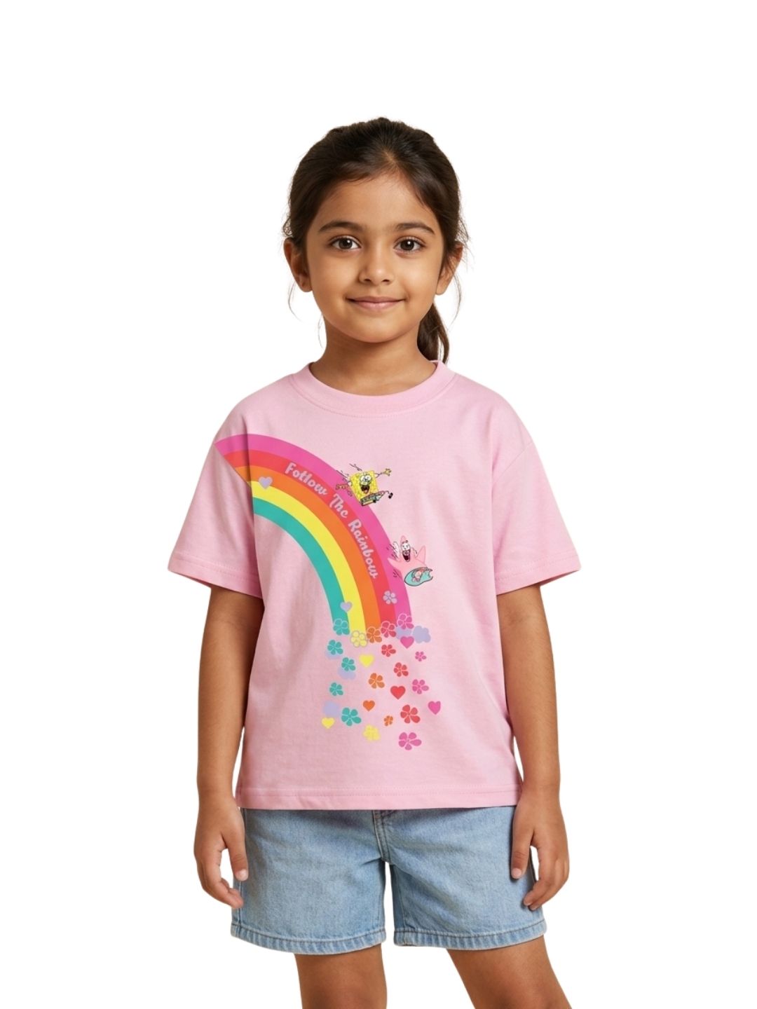 Pink SpongeBob Follow The Rainbow Fun Graphic Kids T-Shirt