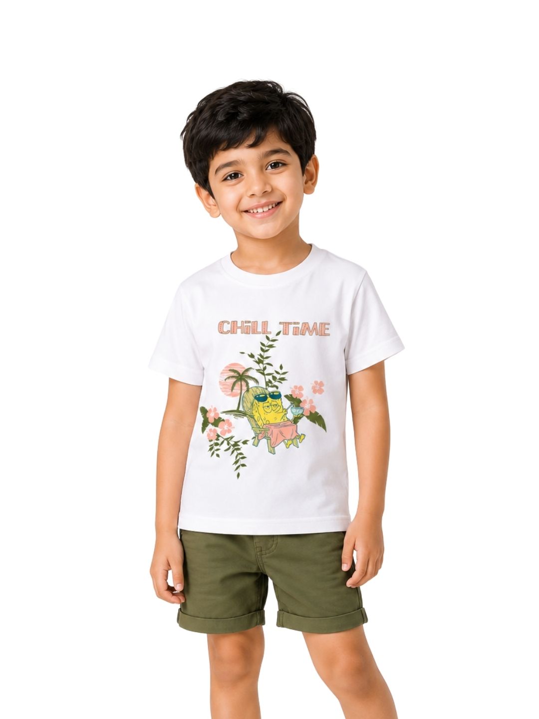 White SpongeBob Chill Time Vacation Graphic Kids T-Shirt