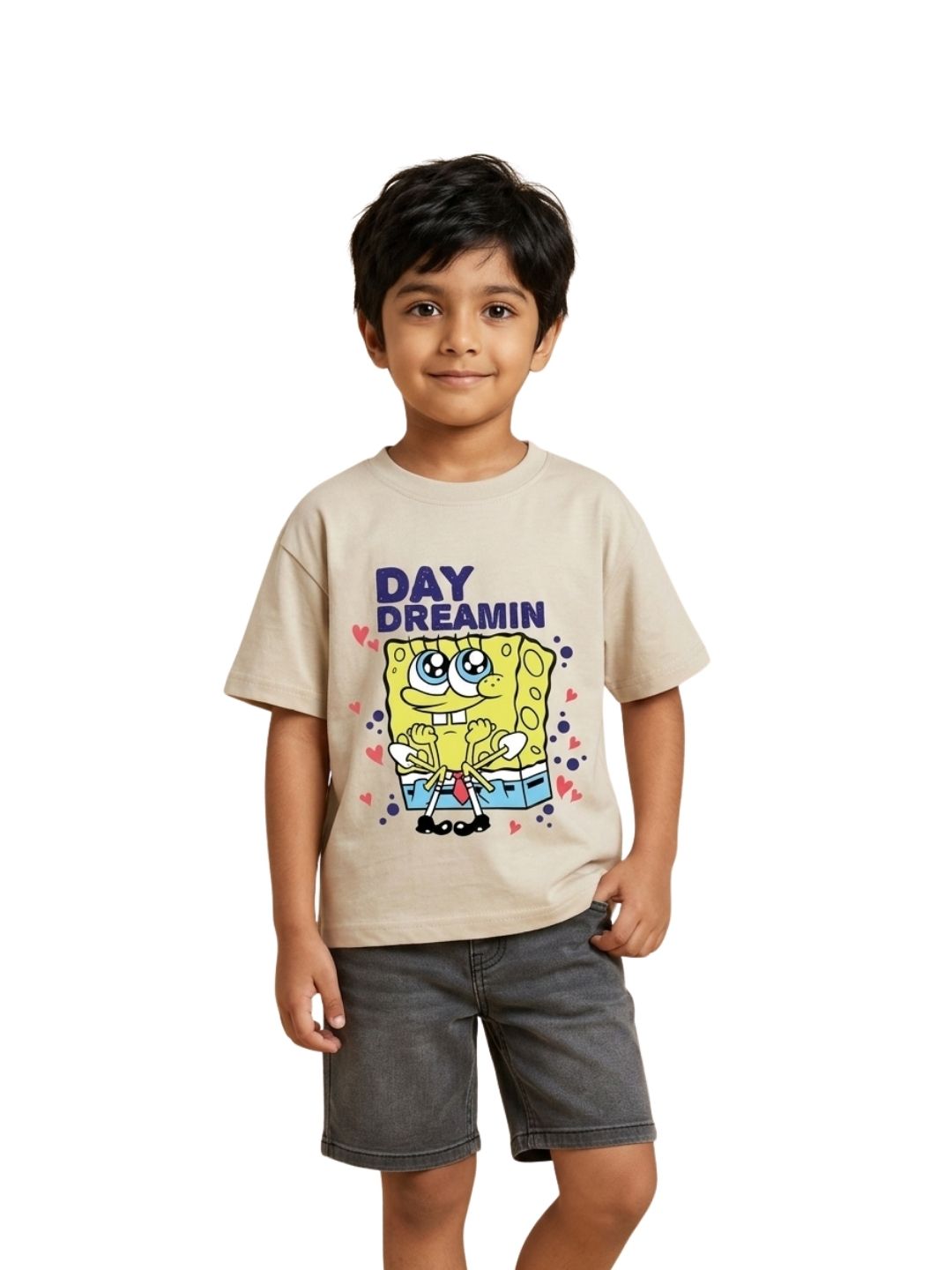 Beige SpongeBob Day Dreamin Cute Graphic Kids T-Shirt