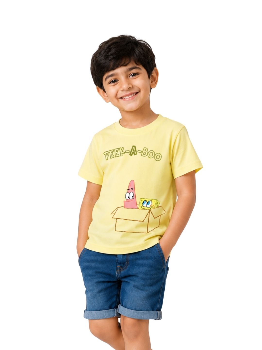 Yellow SpongeBob & Patrick Peek-A-Boo Fun Graphic Kids T-Shirt