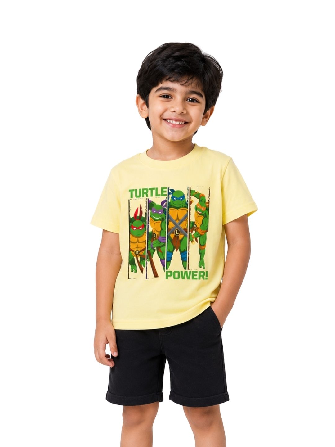Yellow TMNT Turtle Power Action Graphic Kids T-Shirt