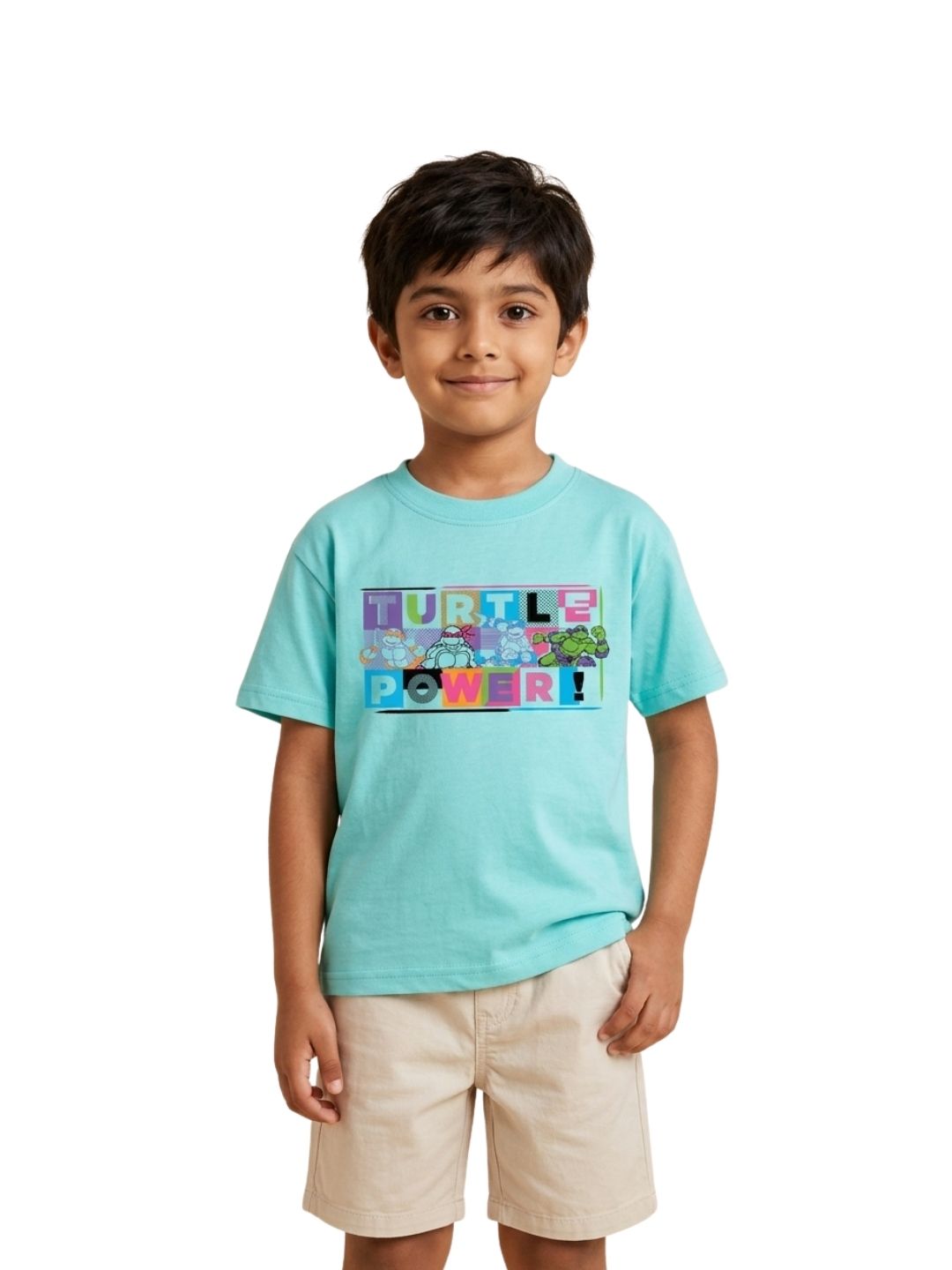 Aqua Blue TMNT Turtle Power Graphic Kids T-Shirt