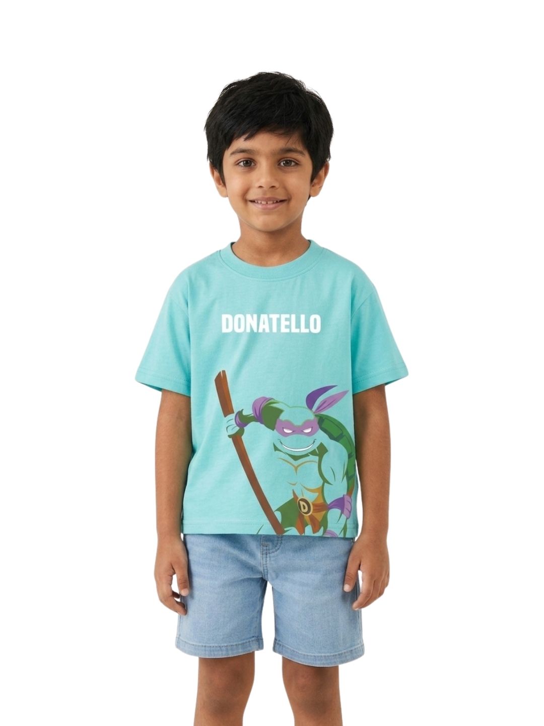 Aqua Blue TMNT Donatello Action Graphic Kids T-Shirt