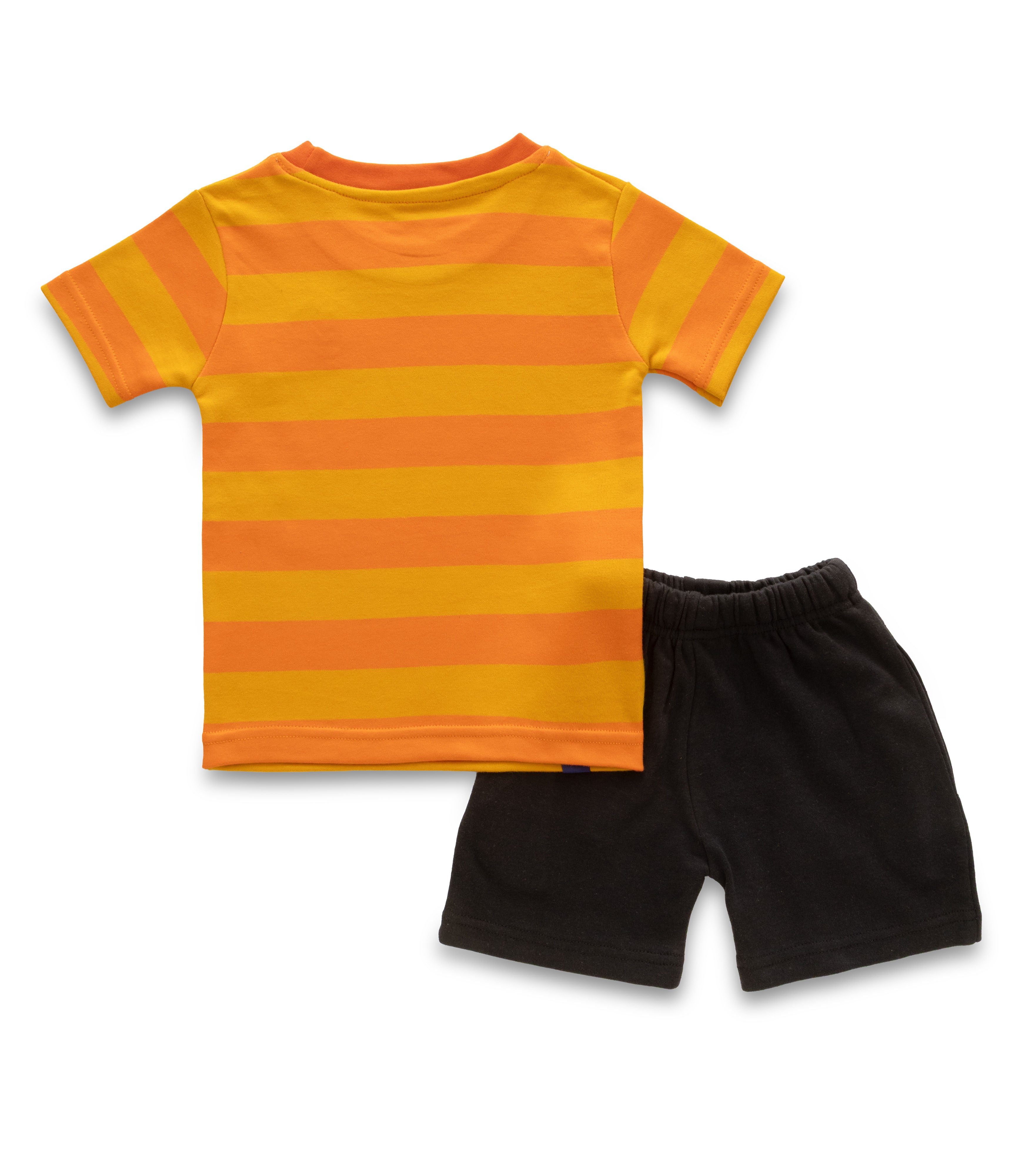 Orange Stripes & Dino Embroidered Kids Tshirt With Shorts