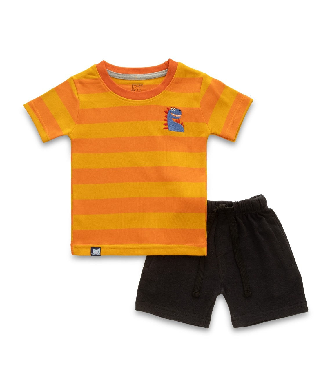 Orange Stripes & Dino Embroidered Kids Tshirt With Shorts