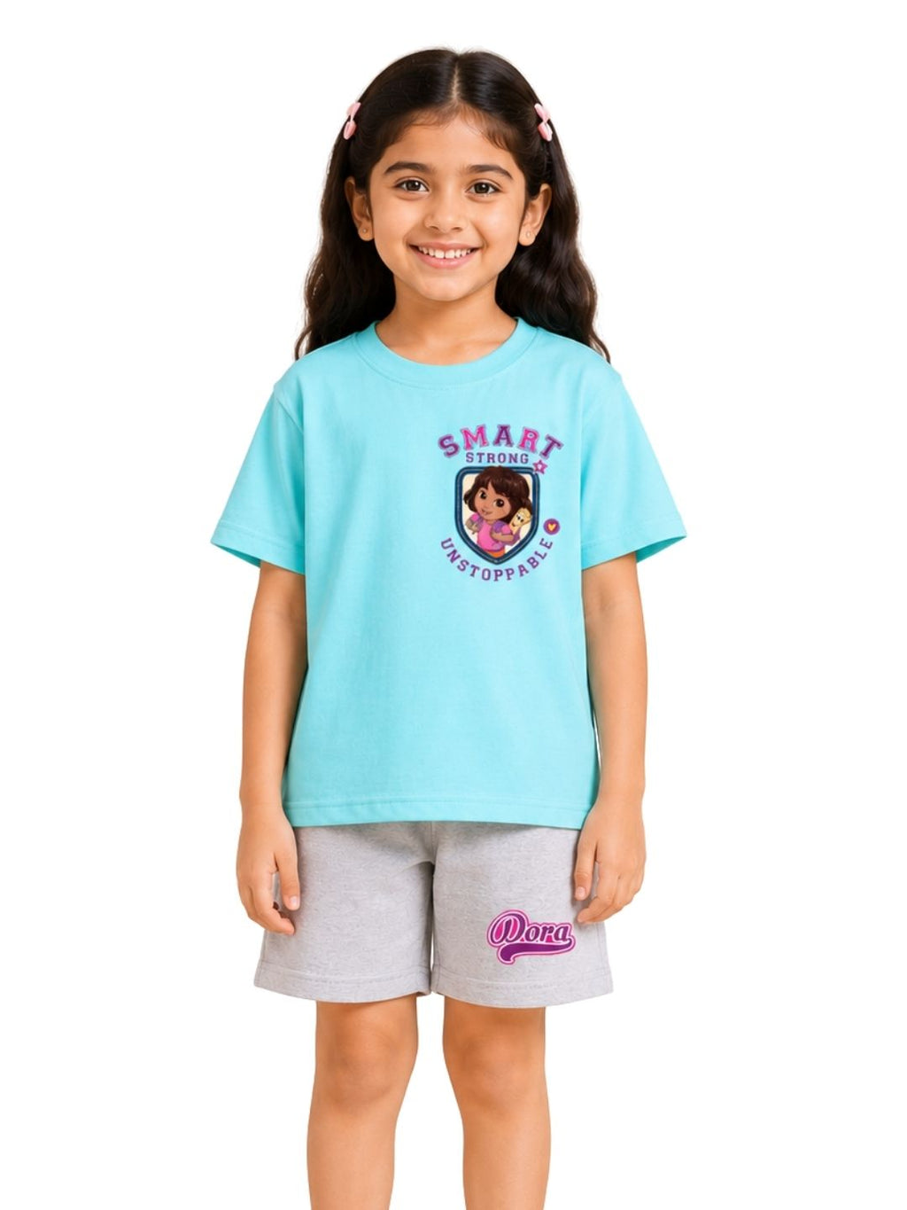 Aqua Blue Dora Smart & Strong Graphic Co-Ord Set for Girls