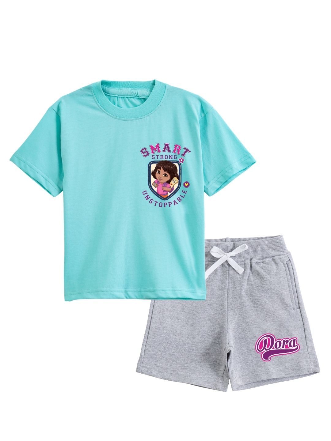 Aqua Blue Dora Smart & Strong Graphic Co-Ord Set for Girls