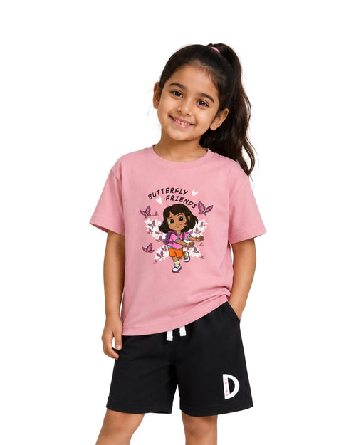 Dora Butterfly Friends Graphic Printed Cotton T-Shirt & Shorts Set