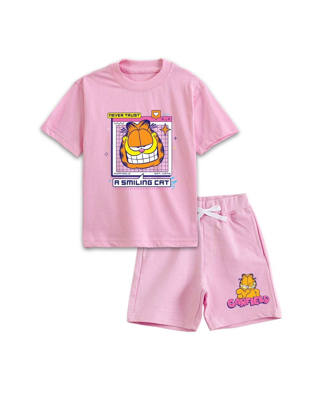 Garfield Smiling Cat Graphic Printed Cotton T-Shirt & Shorts Set