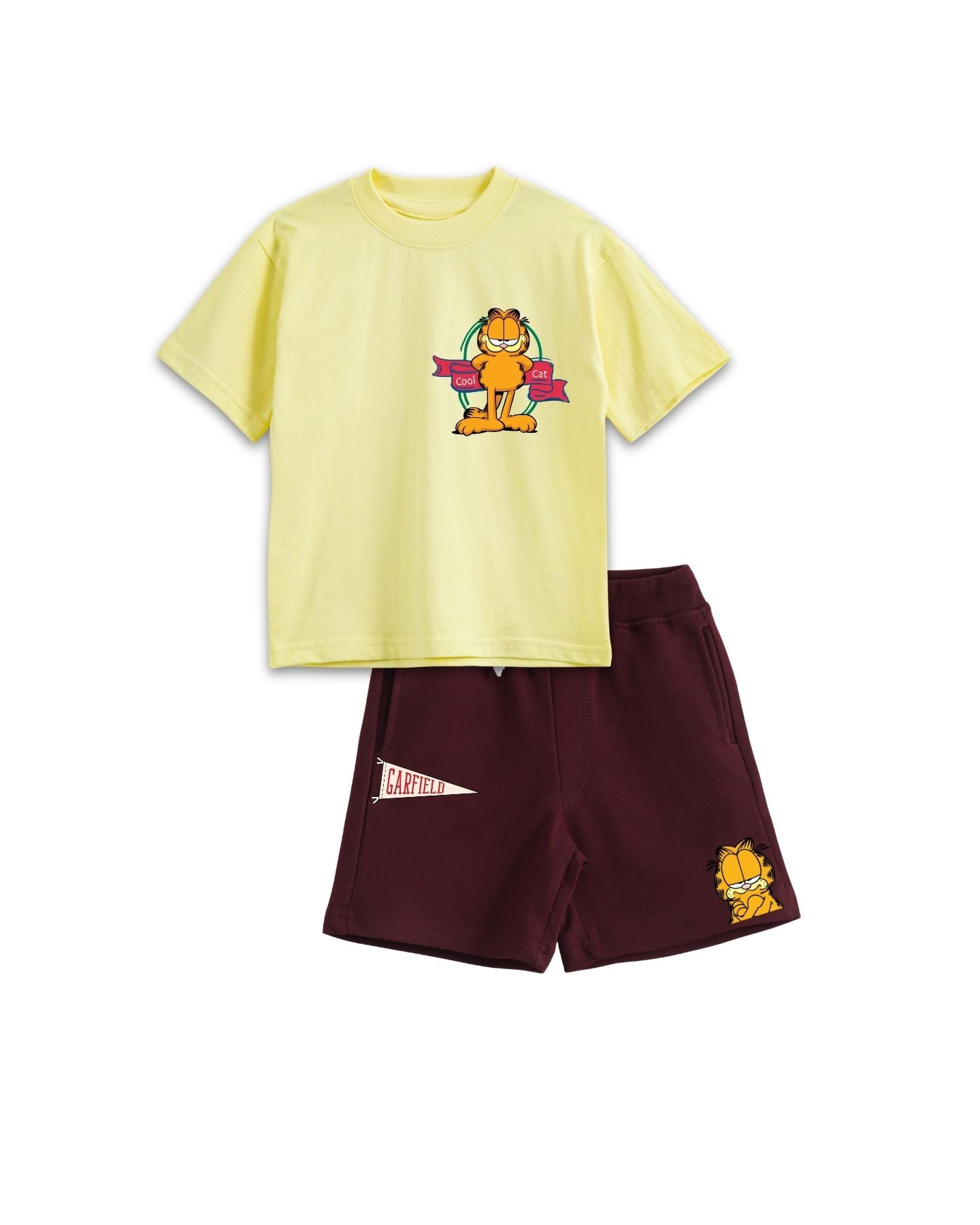 Garfield Yellow Graphic Printed Cotton T-Shirt & Shorts Set
