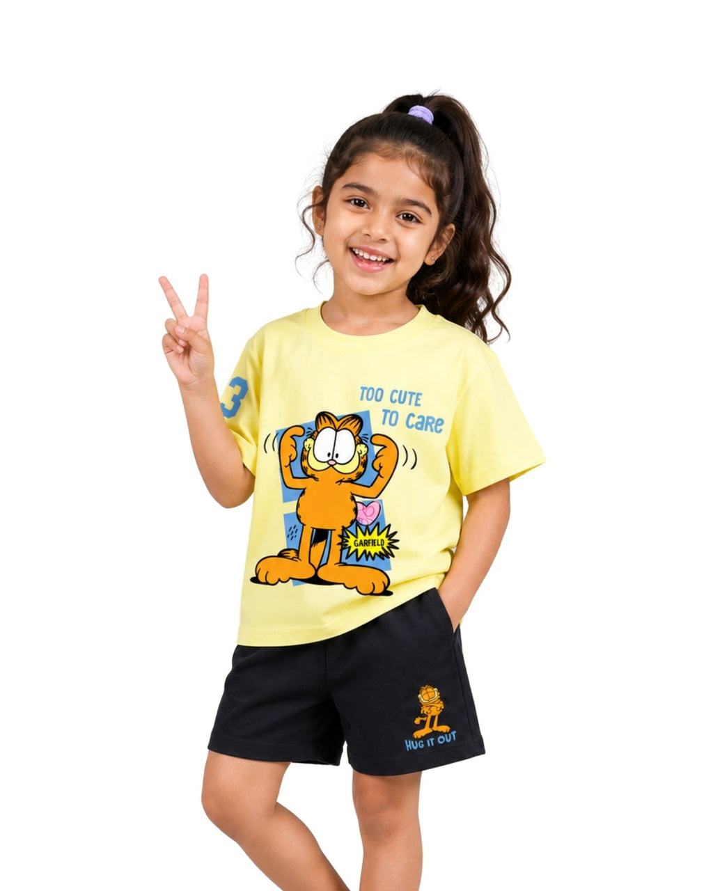 Garfield "Too Cute to Care" Graphic Printed Cotton T-Shirt & Shorts