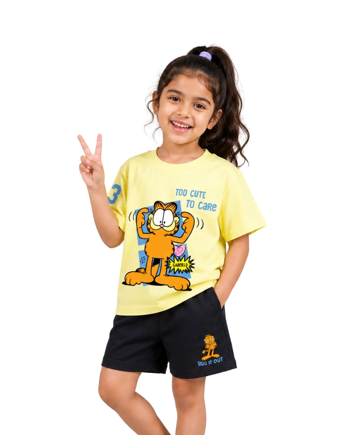 Garfield "Too Cute to Care" Graphic Printed Cotton T-Shirt & Shorts
