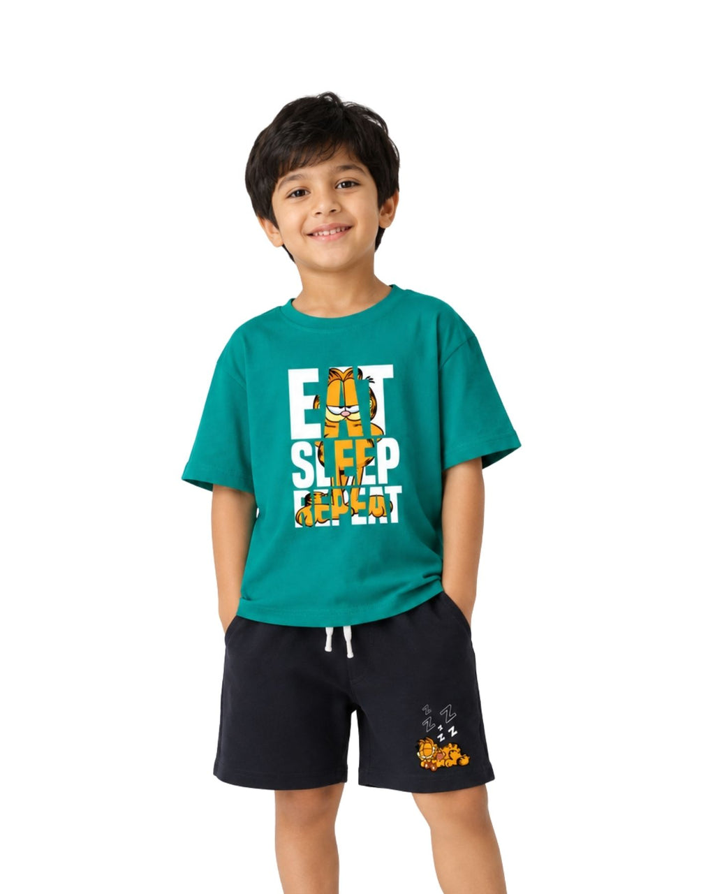 Garfield Eat Sleep Repeat Graphic Printed Cotton T-Shirt & Shorts Set