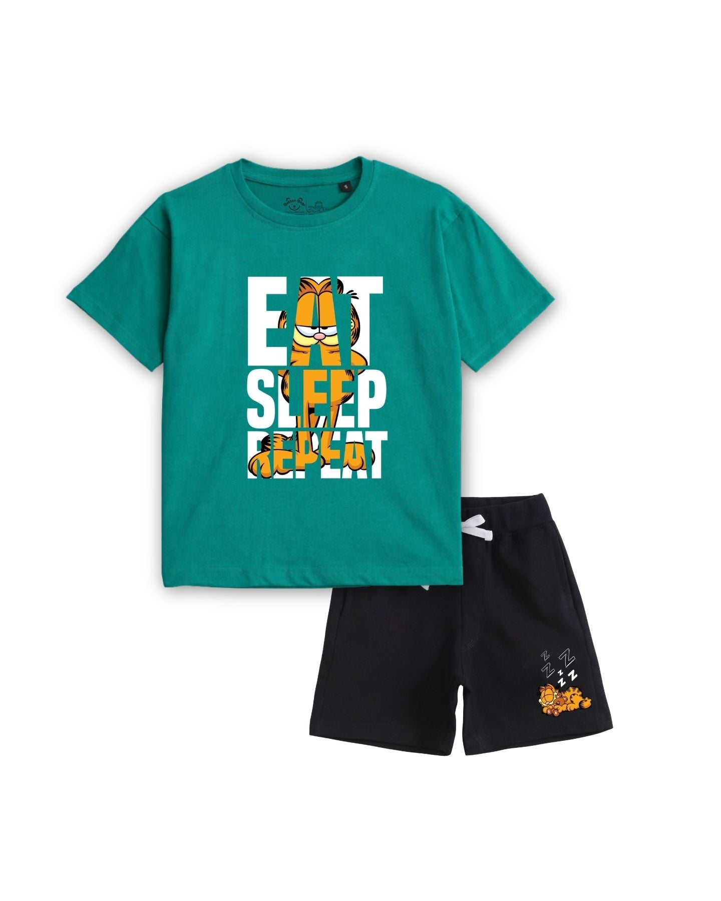 Garfield Eat Sleep Repeat Graphic Printed Cotton T-Shirt & Shorts Set
