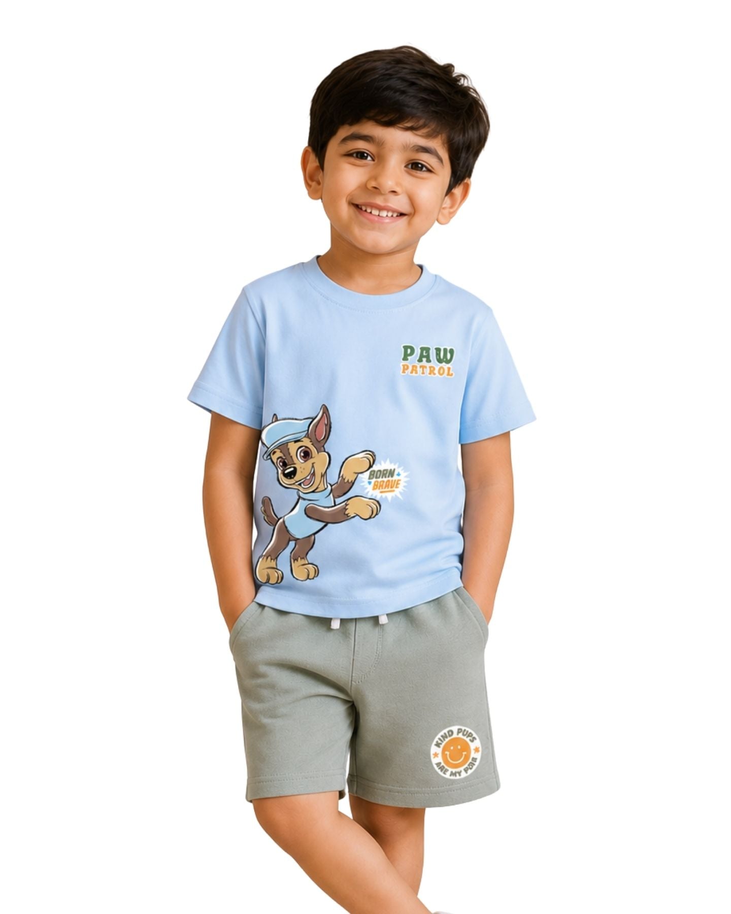 Paw Patrol born brave Graphic Printed Cotton T-Shirt & Shorts Set