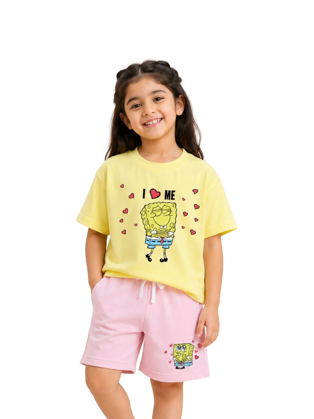 Pastel Yellow SpongeBob “I Love Me” Cute Co-Ord Set for Girls