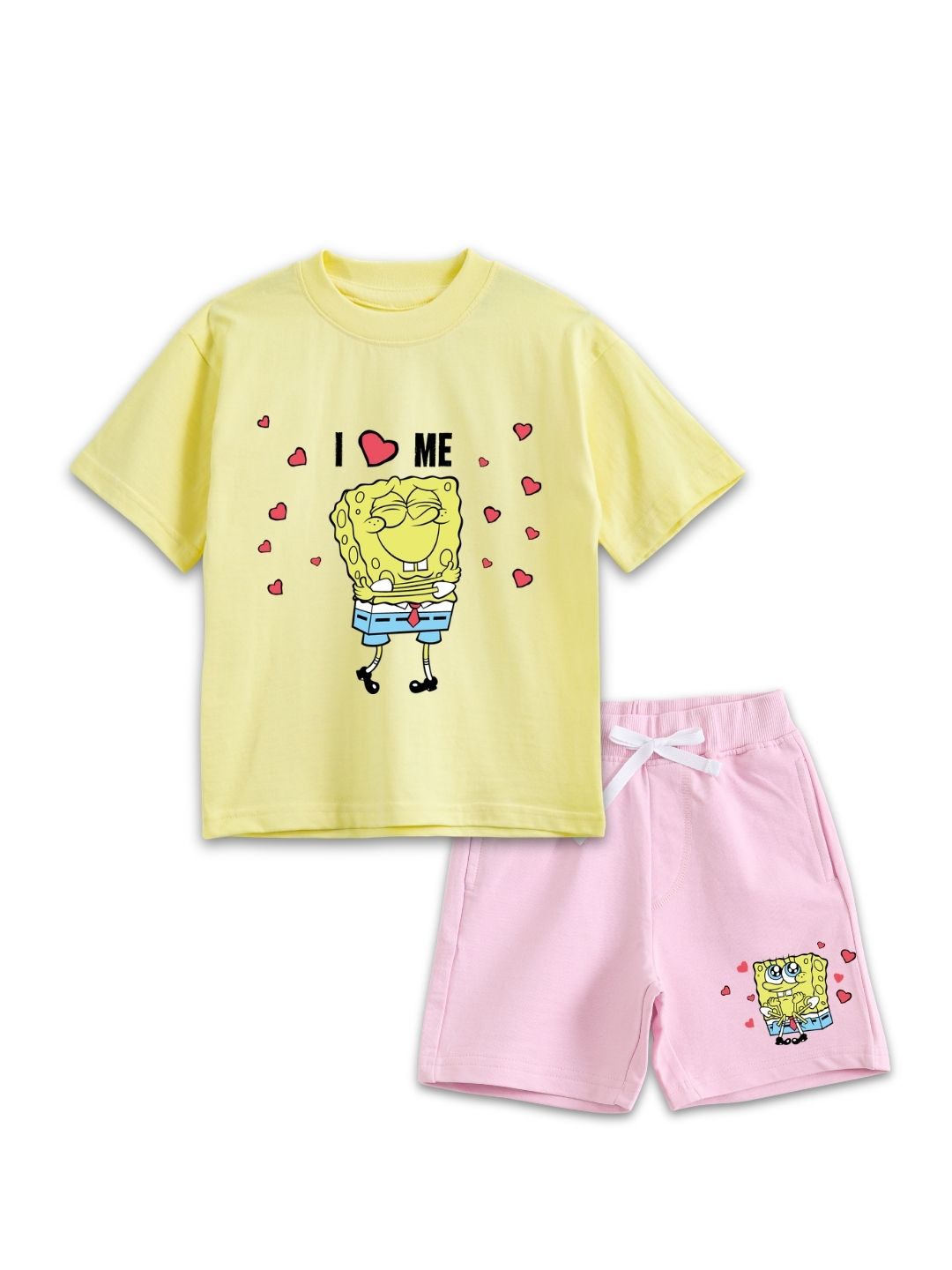 Pastel Yellow SpongeBob “I Love Me” Cute Co-Ord Set for Girls