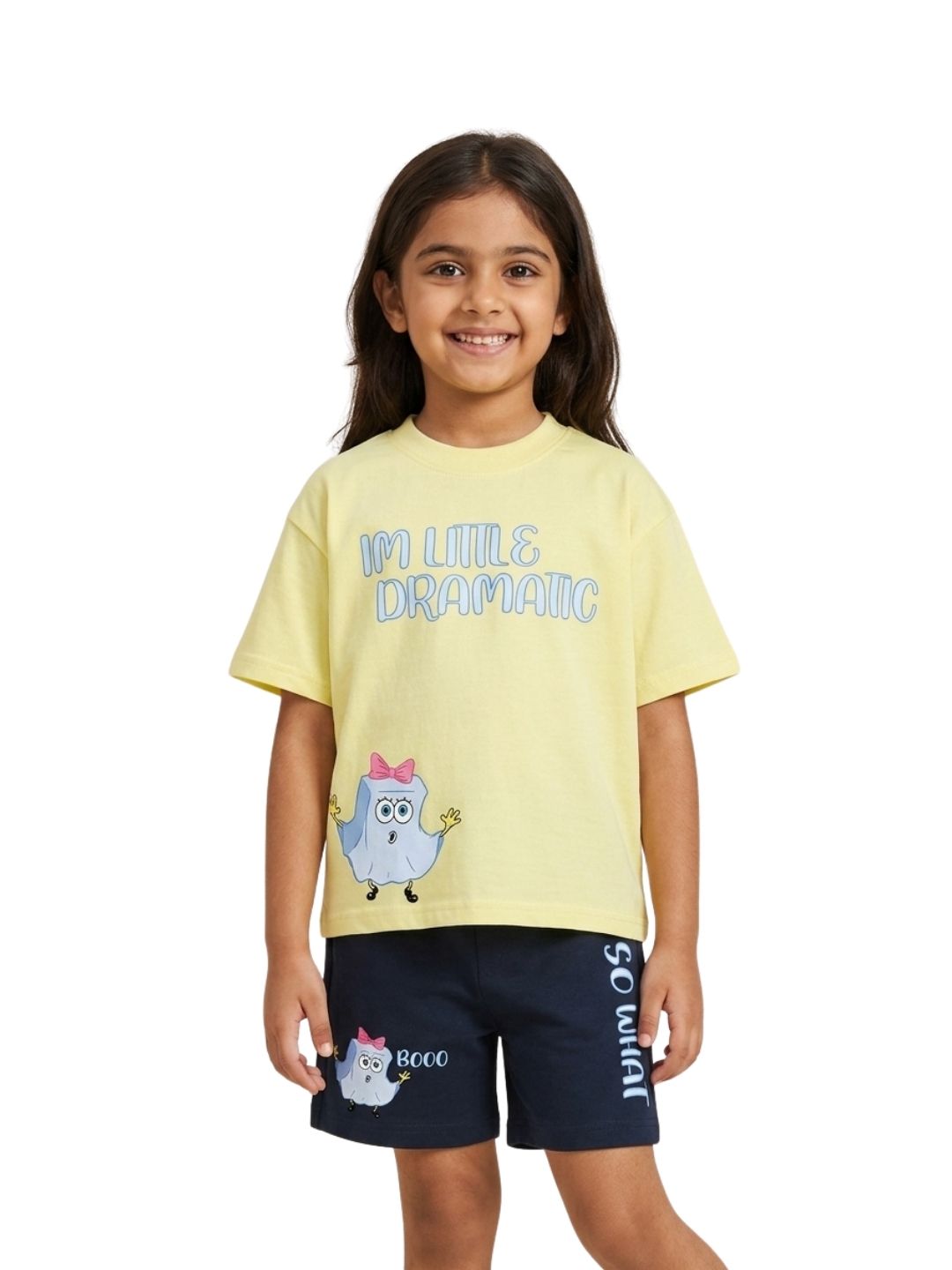Pastel Yellow SpongeBob “I’m Little Dramatic” Cute Co-Ord Set for Girls