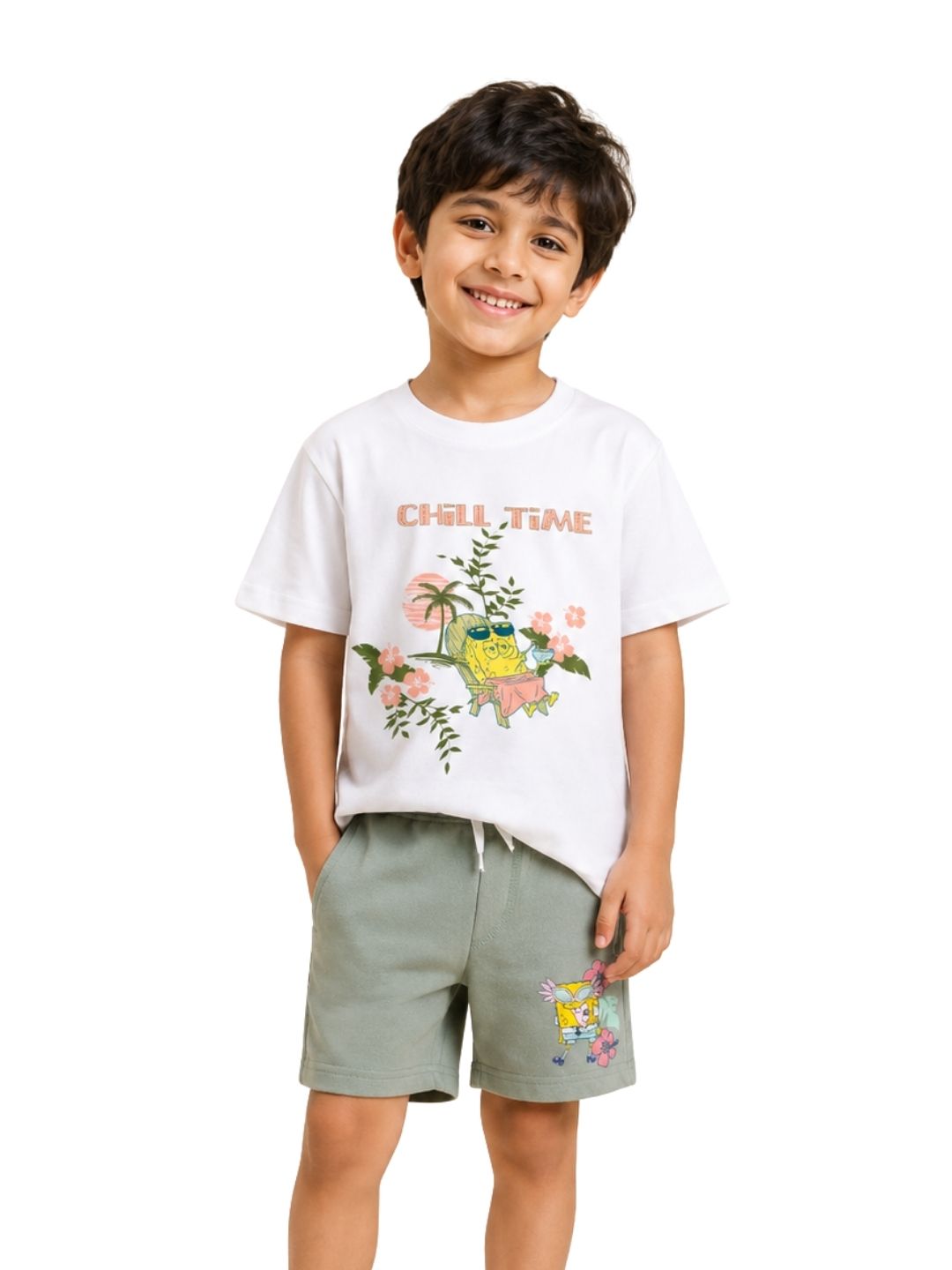 White & Sage Green SpongeBob “Chill Time” Vacation Vibes Co-Ord Set for Kids