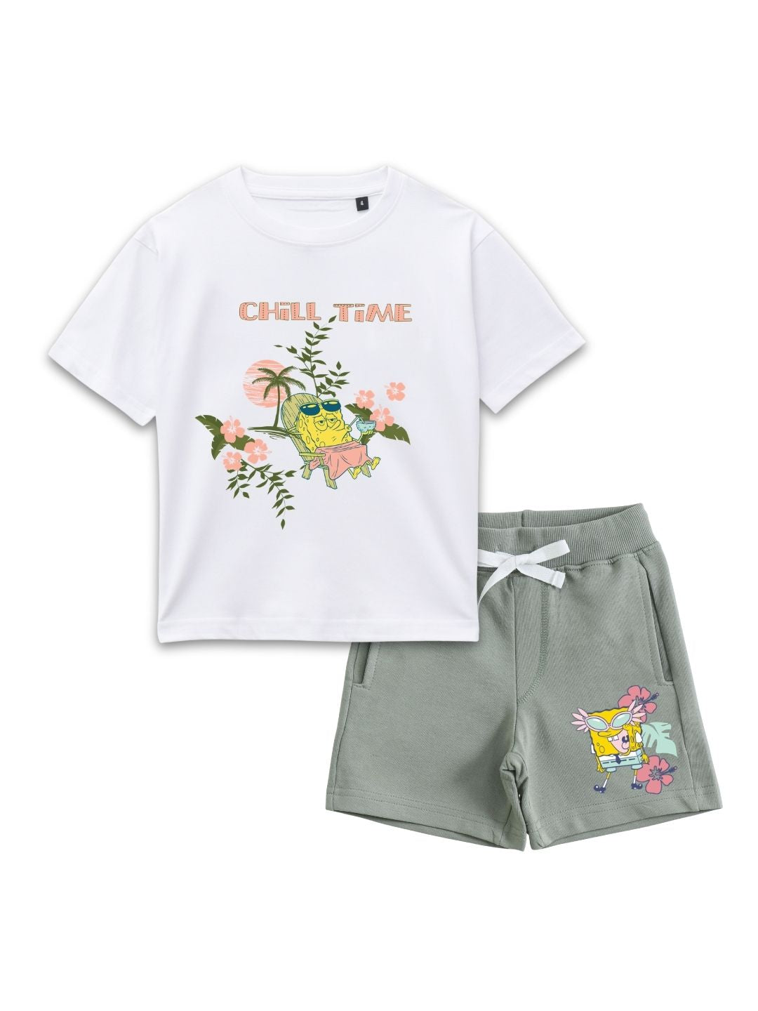 White & Sage Green SpongeBob “Chill Time” Vacation Vibes Co-Ord Set for Kids