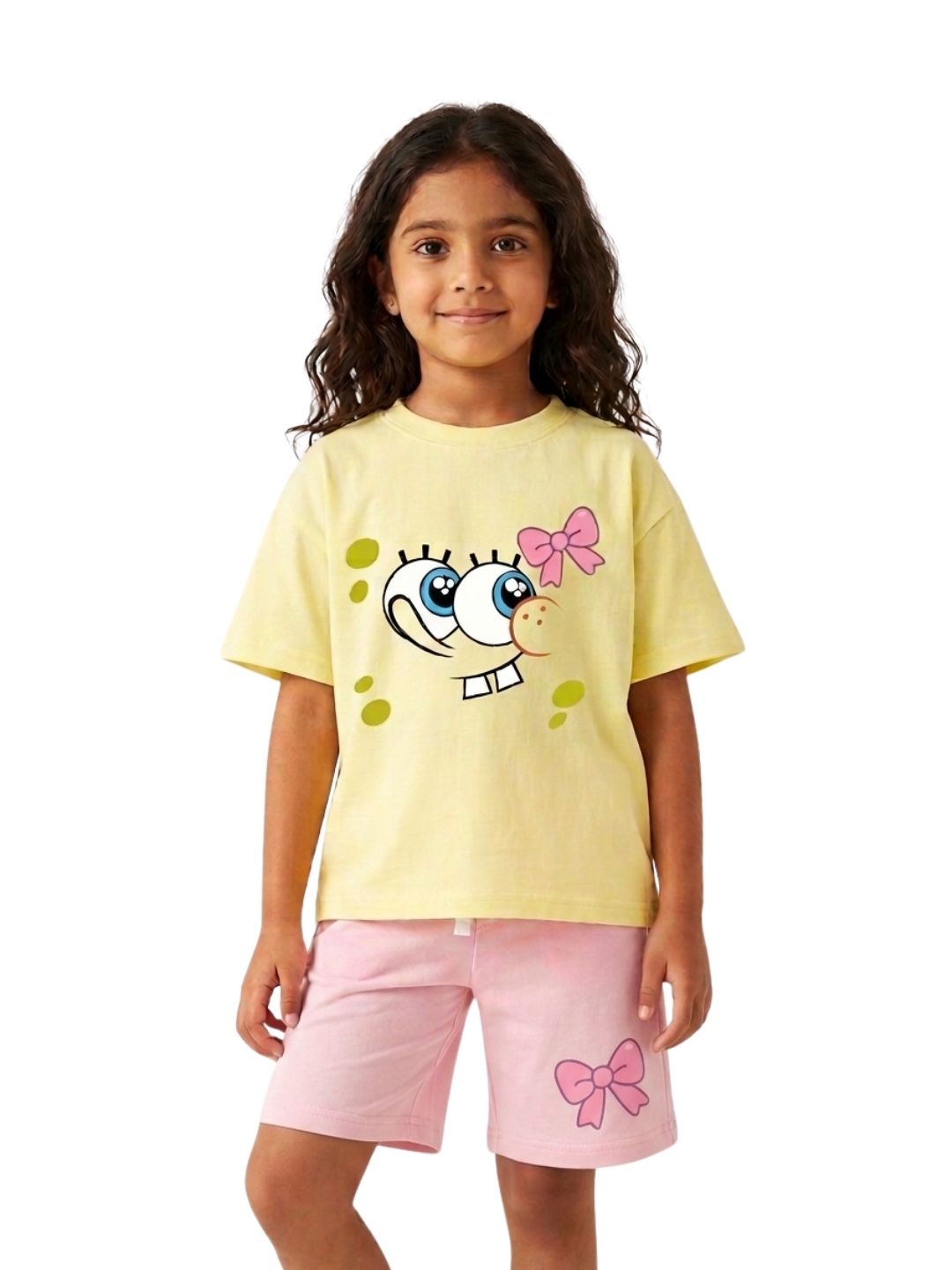 Pastel Yellow SpongeBob Cute Face & Pink Bow Cartoon Co-Ord Set for Girls