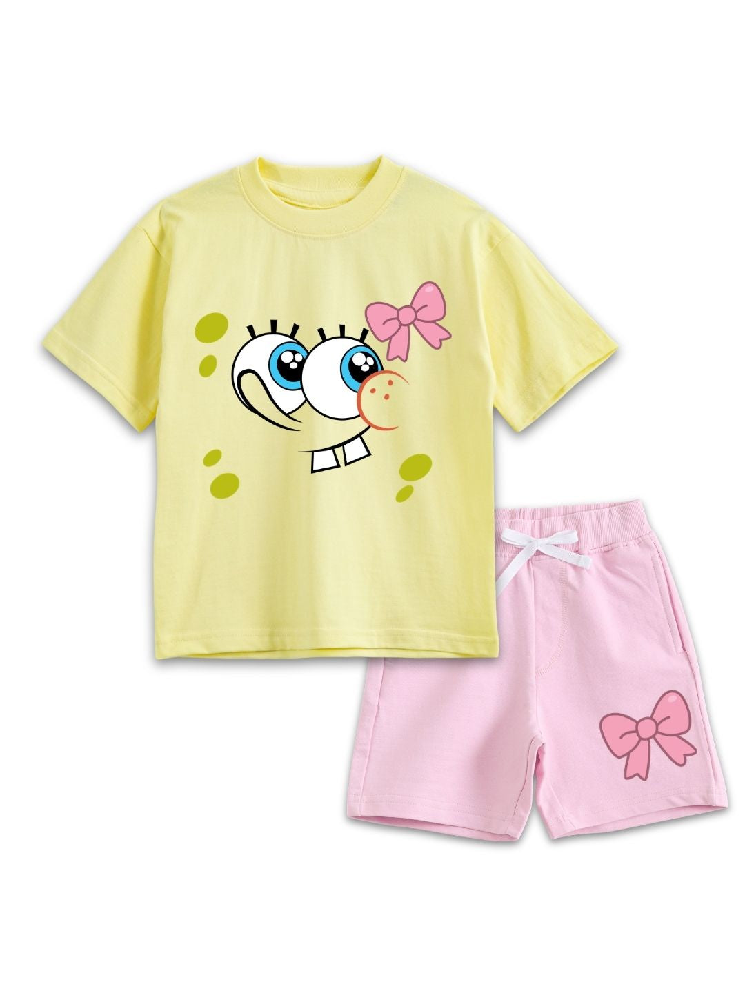 Pastel Yellow SpongeBob Cute Face & Pink Bow Cartoon Co-Ord Set for Girls