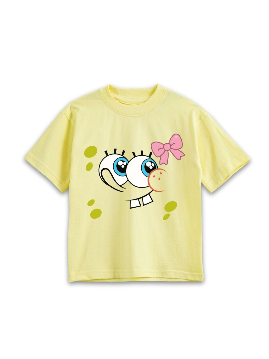 Pastel Yellow SpongeBob Cute Face & Pink Bow Cartoon Co-Ord Set for Girls