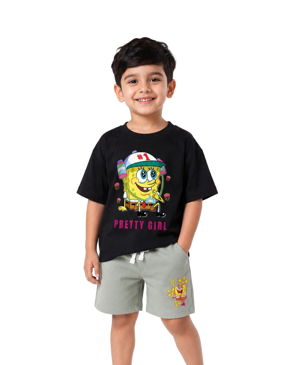 SpongeBob SquarePants "Pretty Girl" Graphic Printed Cotton T-Shirt & Shorts Set