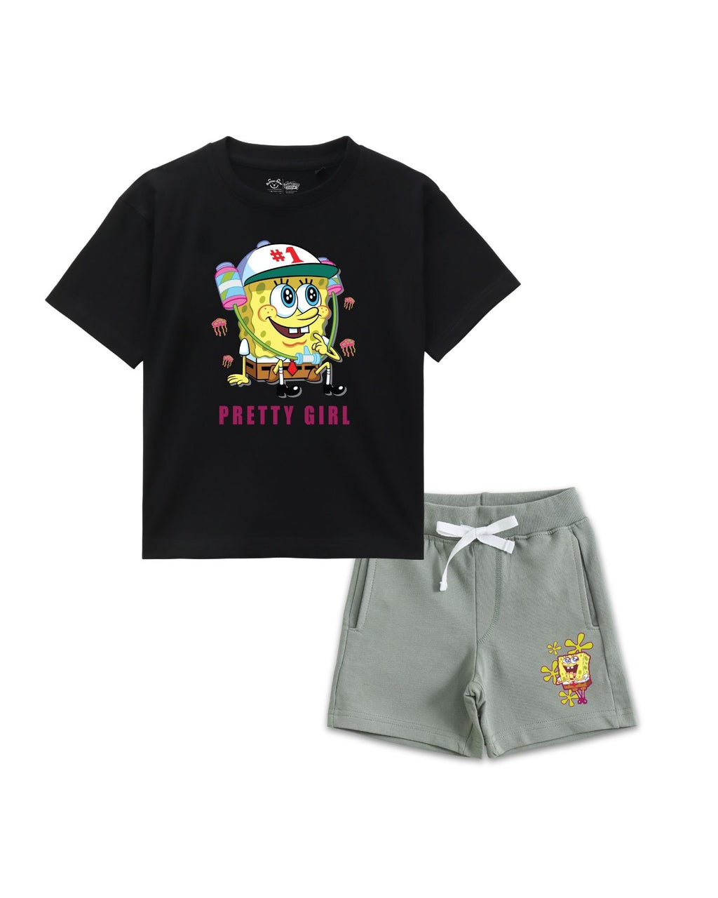 SpongeBob SquarePants "Pretty Girl" Graphic Printed Cotton T-Shirt & Shorts Set