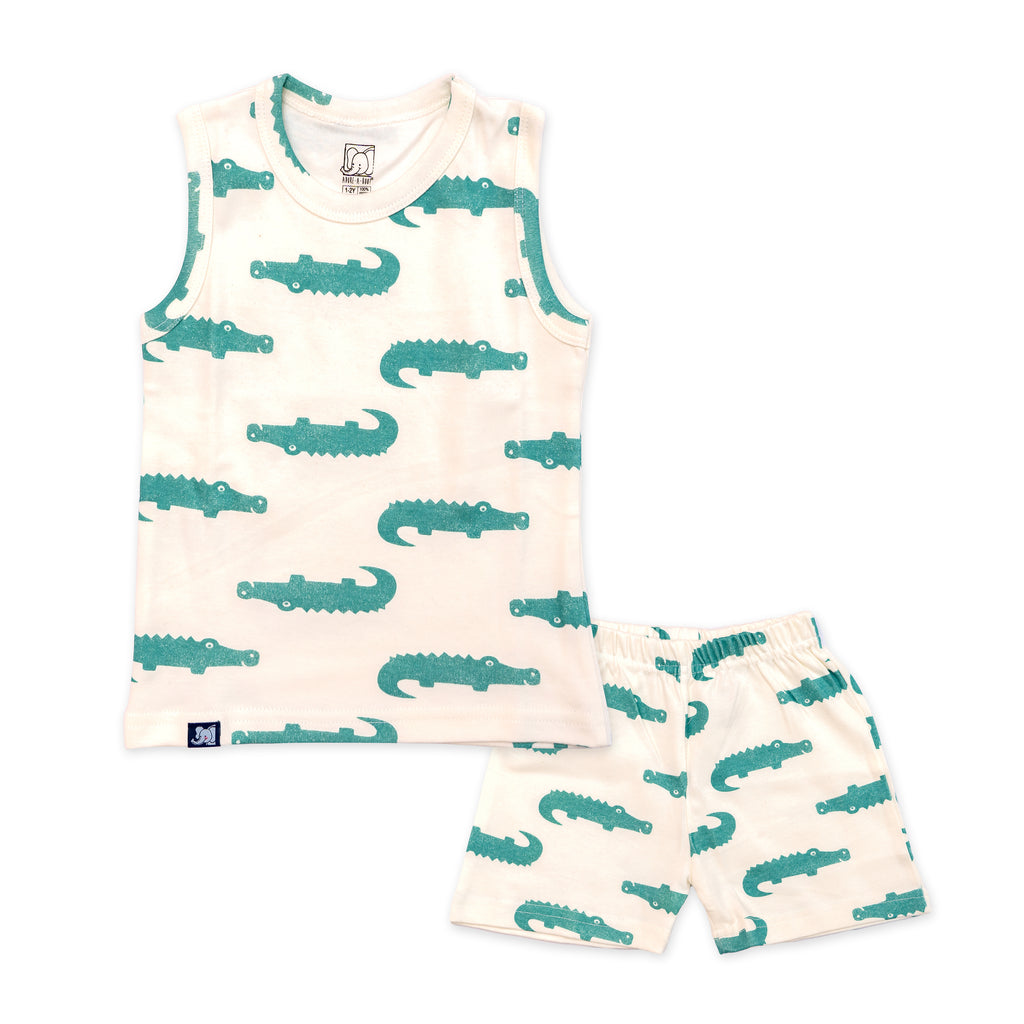 Kids White Green Dino Printed Lounge Wear