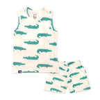 Kids White Green Dino Printed Lounge Wear