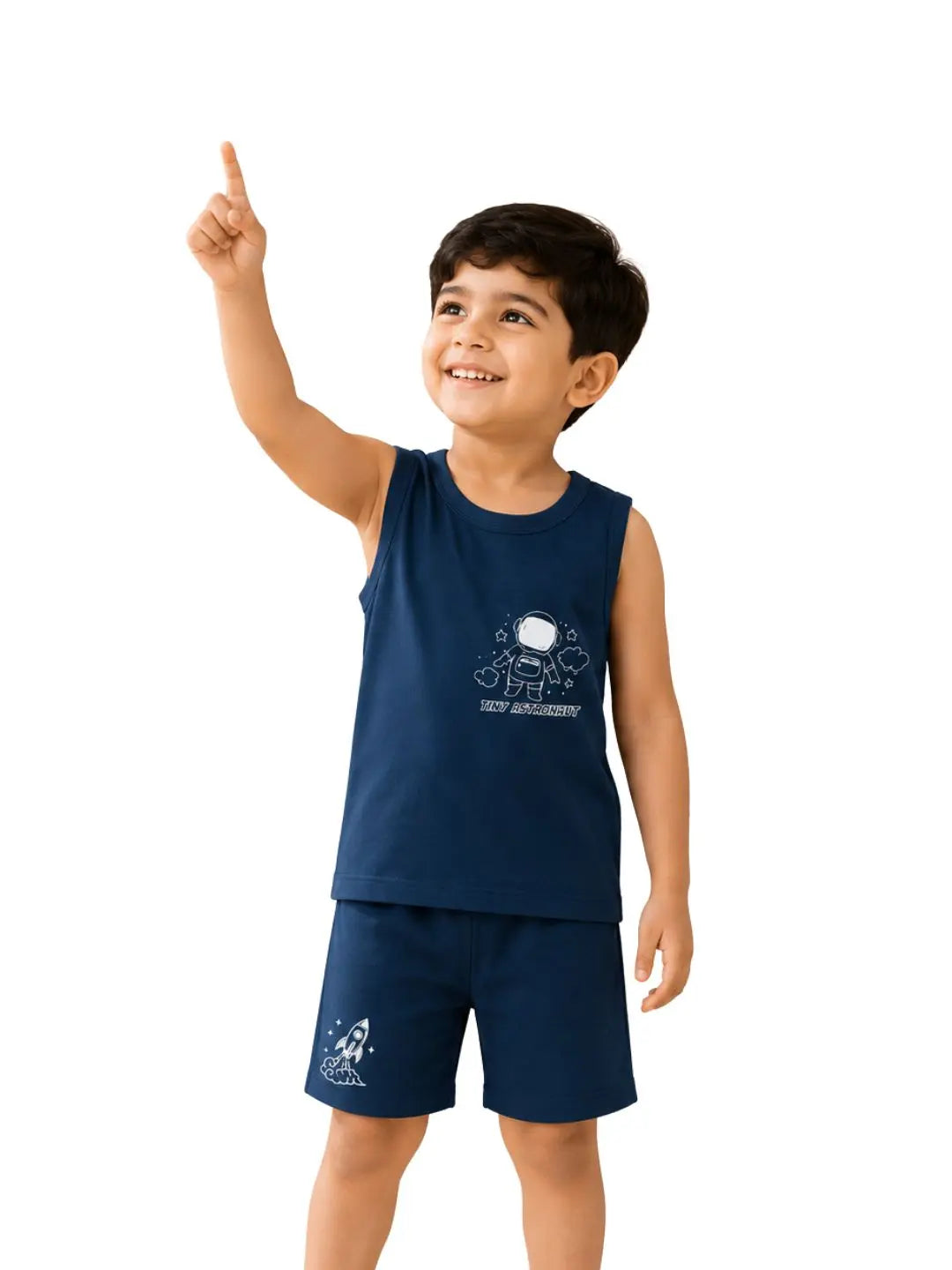Kids Navy Blue Tiny Astronaut Print Sleeveless Lounge Wear