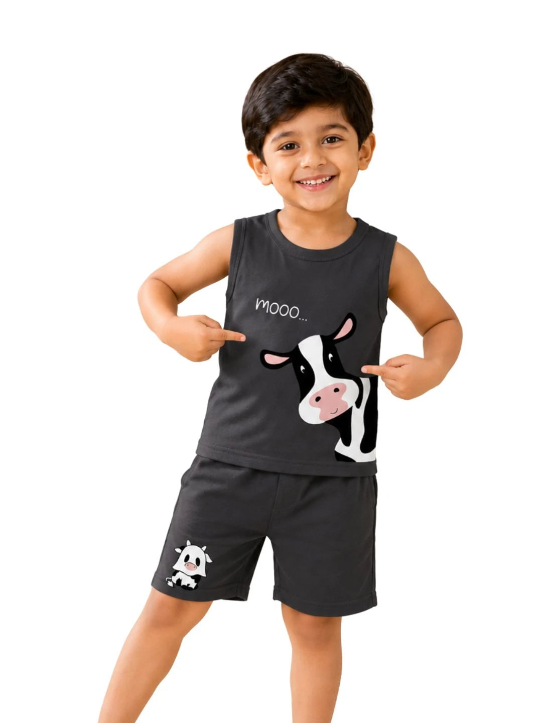 Kids Charcoal Grey Cow Print Sleeveless Lounge Wear